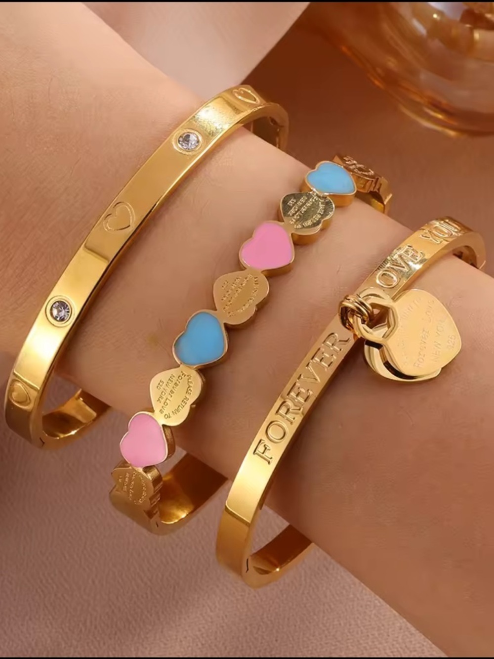 Luxury Gold Heart Enamel Bangle Set with Pink & Blue Accents - Picture 4 of 7